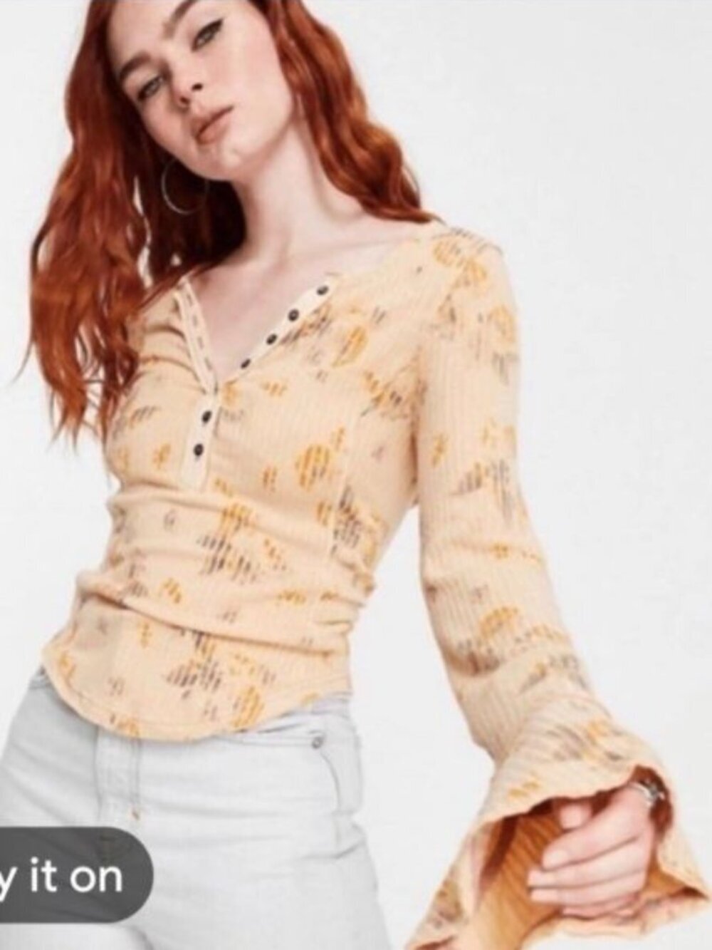 Free People Layer Me Henley Sz L Ribbed Curved Hem Bell Sleeve Floral Peach